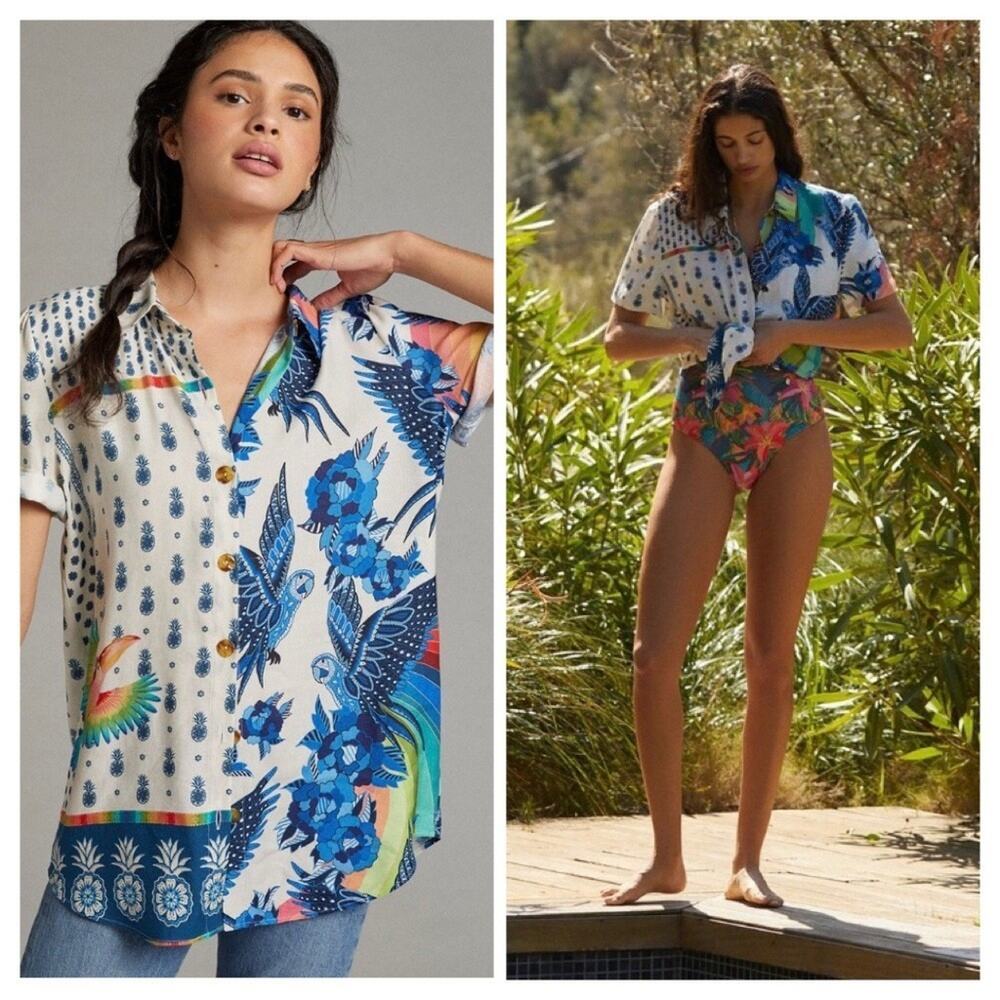 Sold! Farm Rio For Anthropologie Surf Button Down Shirt White Multicol Small New - Picture 3 of 11